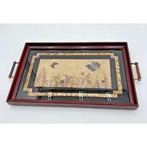 Vintage 1950s Butterflies And Flora‎ Wing Wood Frame Tray